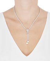 Arabella Freshwater Pearl (9x7mm & 8x6mm) Cubic Zirconia Knotted 17" Lariat Necklace in Sterling Silver