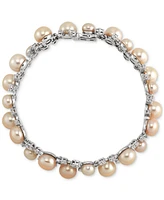 Arabella Freshwater Pearl (6 - 8-1/2mm) & Cubic Zirconia Link Bracelet in Sterling Silver