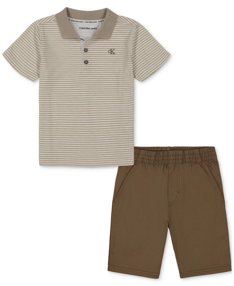 Calvin Klein Little Boys Cotton Striped Jersey Polo Shirt & Twill Shorts, 2 Piece Set