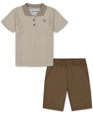 Calvin Klein Little Boys Cotton Striped Jersey Polo Shirt & Twill Shorts, 2 Piece Set