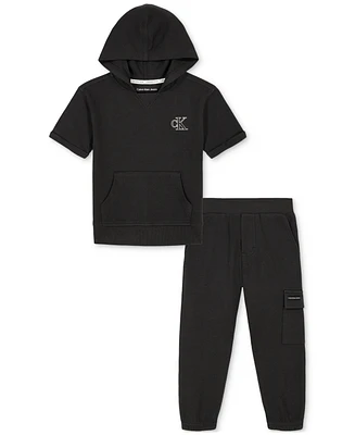 Calvin Klein Big Boys Popcorn Knit Short-Sleeve Hoodie & Cargo Jogger Pants, 2 Piece Set