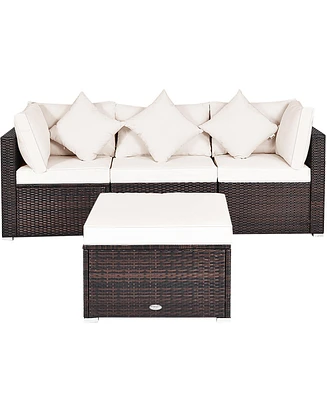 Gymax 4PCS Rattan Patio Sofa Conversation Set Outdoor Furniture Set w/ Cushion