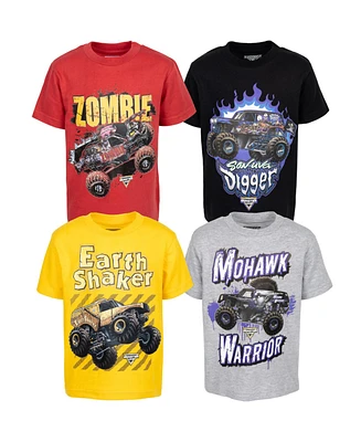Monster Jam Toddler Boys Earth Shaker Zombie Grave Digger 4 Pack Graphic T-Shirts Red/Black/Yellow/Gray