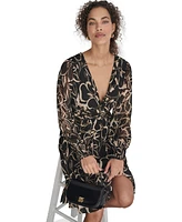 Dkny Women's Printed Chiffon Long-Sleeve A-Line Dress