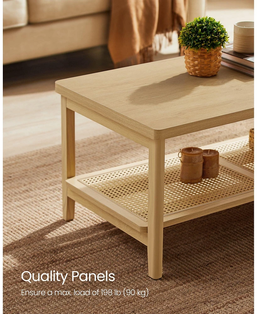 Slickblue 2-Tier Coffee Table for Living Room, with Pvc Rattan Storage Shelf, Rounded Corners