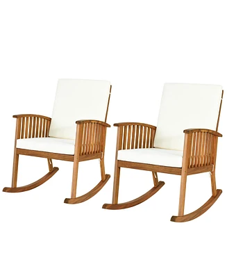 Gymax 2PCS Patio Wooden Rocking Chair Lawn Garden Outdoor w/ Armrest Cushion