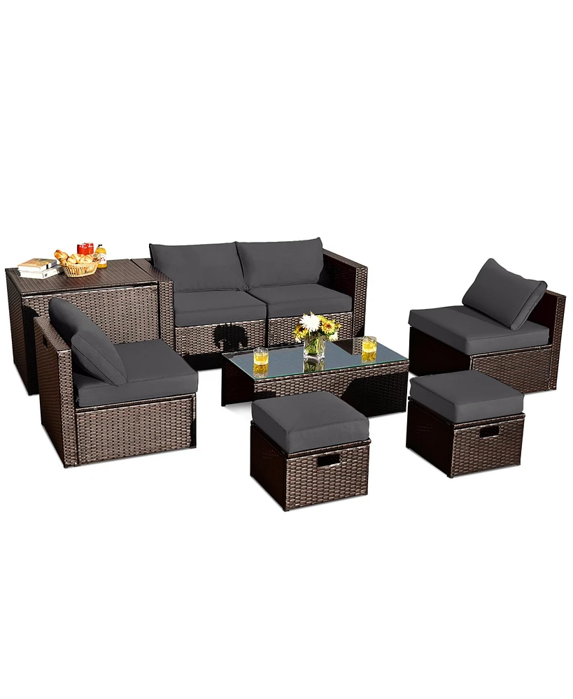 Gymax 8PCS Patio Rattan Pe Wicker Conversation Set All-Weather Furniture w/ Cushions Off White