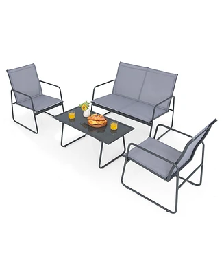 Gymax 4PCS Metal Outdoor Conversation Set Patio Furniture Set w/ Glass Table
