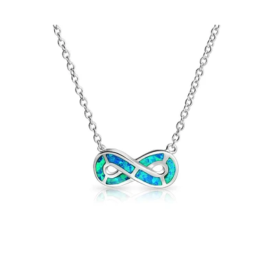 Bling Jewelry Forever Romantic Eternity Figure Eight Symbol Love Knot Gemstone Blue Created Opal Infinity Pendant Necklace For Women Girlfriend .925 S