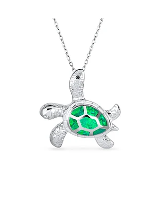 Bling Jewelry Large Nautical Tropical Beach Vacation Iridescent Green Created Opal Inlay Sea Tortoise Turtle Pendant Necklace For Women Teen .925 Ster