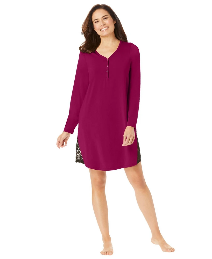 Amoureuse Plus Henley Sleepshirt With Lace Detail