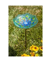 Evergreen Peacock Glass Bird Bath with Metal Stake