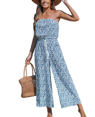 Cupshe Women's Blue Floral Swirl Tube Top Wide Leg Jumpsuit