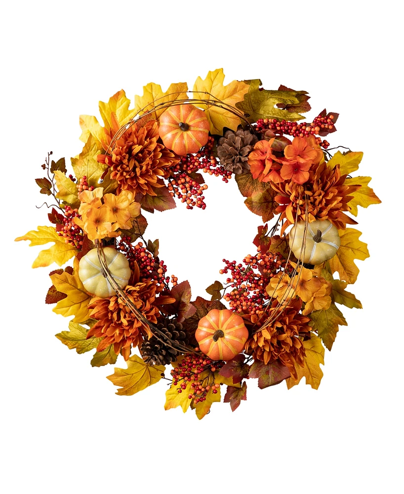 Glitzhome 24"D Fall Dahlia Pumpkin, Leaf and Berry Wreath