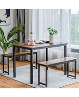 Sugift 3 Pieces Dining Table Set with 2 Benches for Dining Room Kitchen Bar