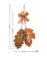 Glitzhome 24.5"H Fall Wooden Maple Leaves with Bowknot Door Hanger