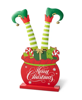 Glitzhome 24.5"H Christmas Wooden/Metal Elf Legs in Gift Box Porch Decor