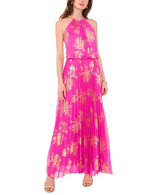 Msk Petite Pleated Gold-Print Gown