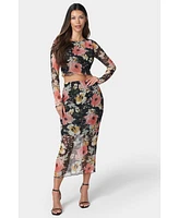 bebe Women's Mesh Printed Two Piece Long Sleeve Set