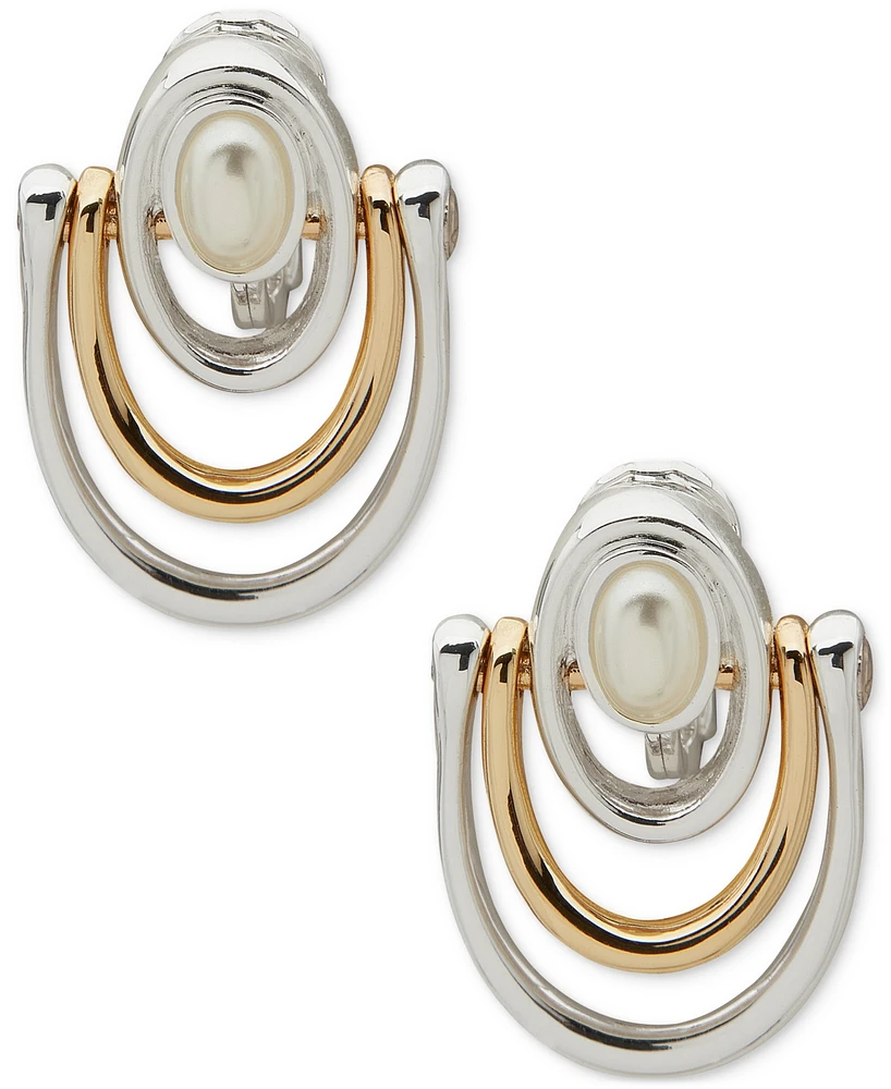 Anne Klein Two-Tone Imitation Pearl Multi-Row Clip-On Drop Earrings