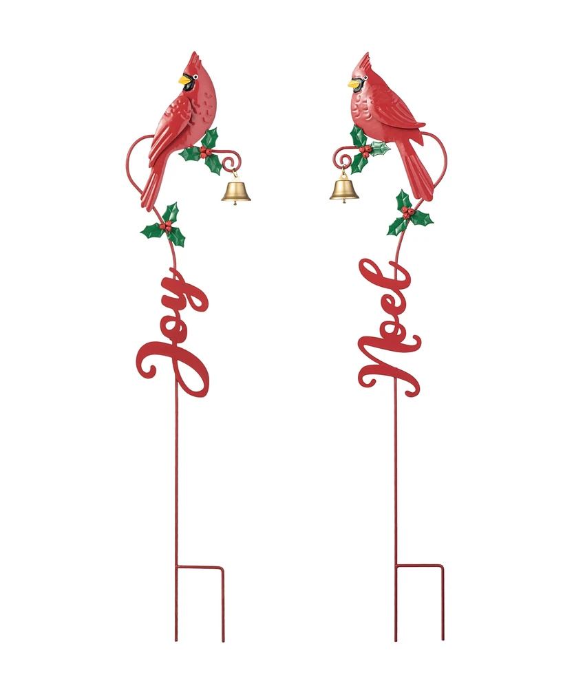 Glitzhome 36"H Set of 2 Christmas Metal Cardinal "Joy" and "Noel" with Bell Yard Stake or Wall Decor