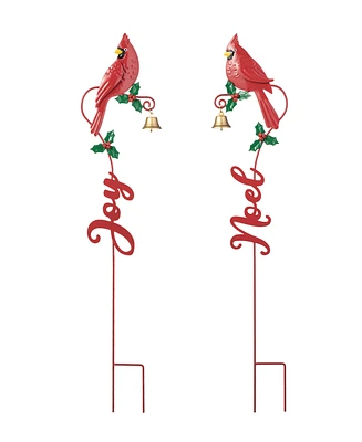 Glitzhome 36"H Set of 2 Christmas Metal Cardinal "Joy" and "Noel" with Bell Yard Stake or Wall Decor