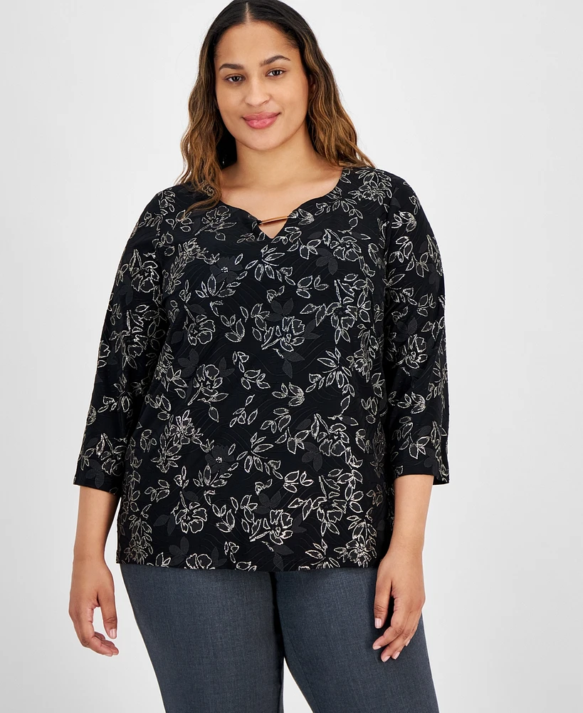 Jm Collection Plus Size 3/4-Sleeve Jacquard Top, Created for Macy's