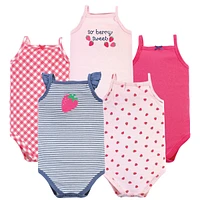 Hudson Baby Girls Cotton Sleeveless Bodysuits, Pink Strawberry, 5-Pack