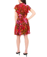 Msk Petite Floral Smocked-Waist Flutter-Sleeve Dress