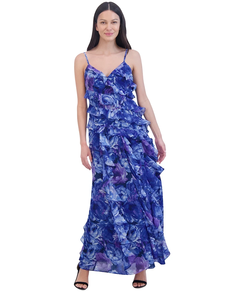 Eliza J Women's Ruffled Floral-Print Sleeveless Chiffon Gown