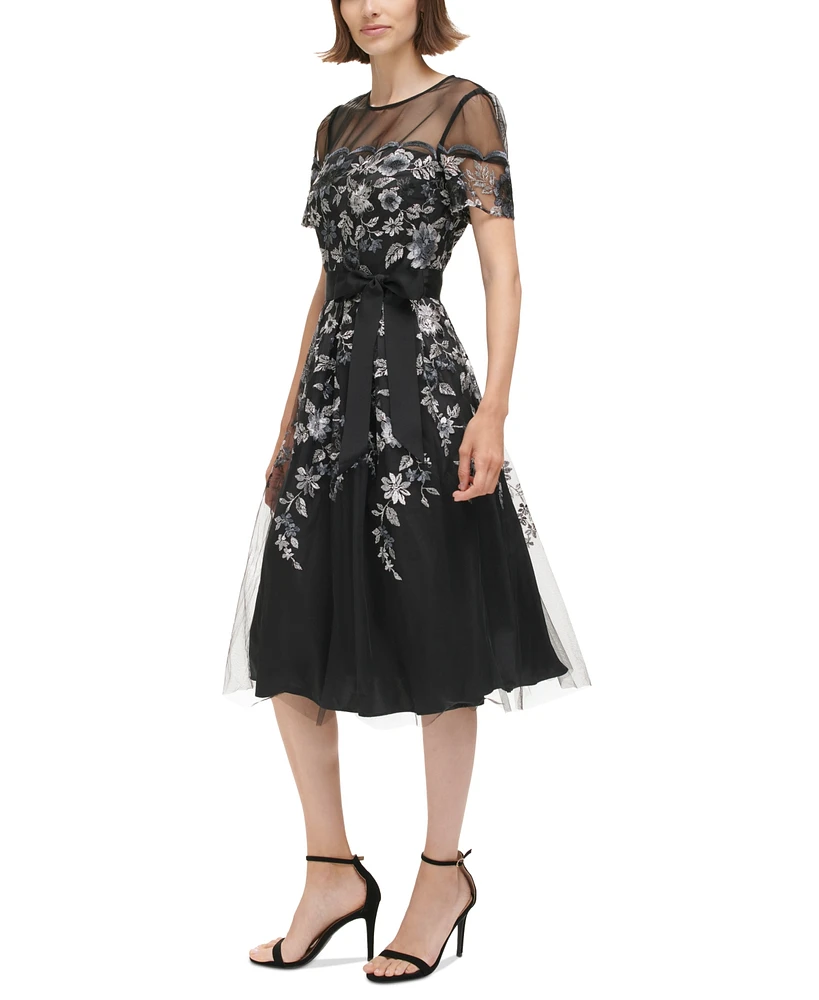 Eliza J Petite Embroidered Illusion Fit & Flare Dress