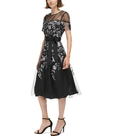 Eliza J Petite Embroidered Illusion Fit & Flare Dress