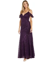 R & M Richards Women's Sequin Lace Cold Shoulder Gown