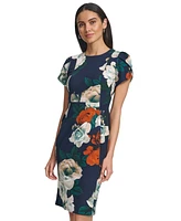 Calvin Klein Women's Floral Tulip-Sleeve Jewel-Neck Dress