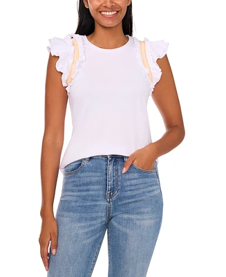 CeCe Women's Contrast-Trim Ruffle-Sleeve Cotton Top