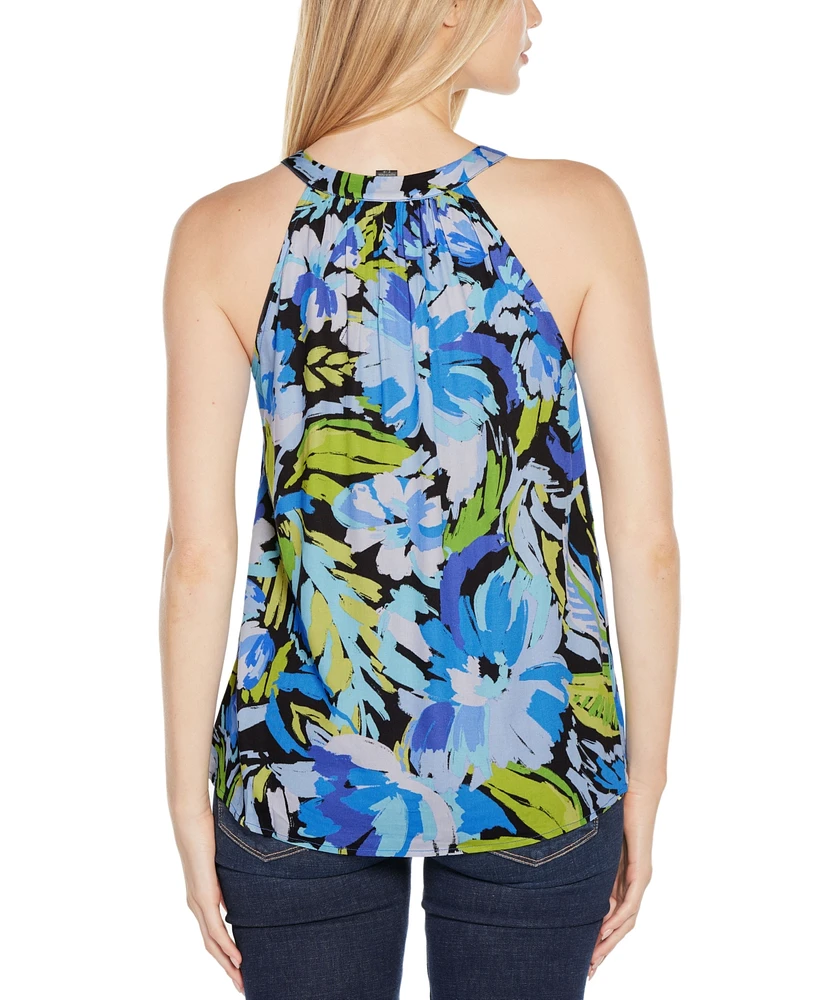 Belldini Women's Abstract Floral Tie-Neck Sleeveless Top