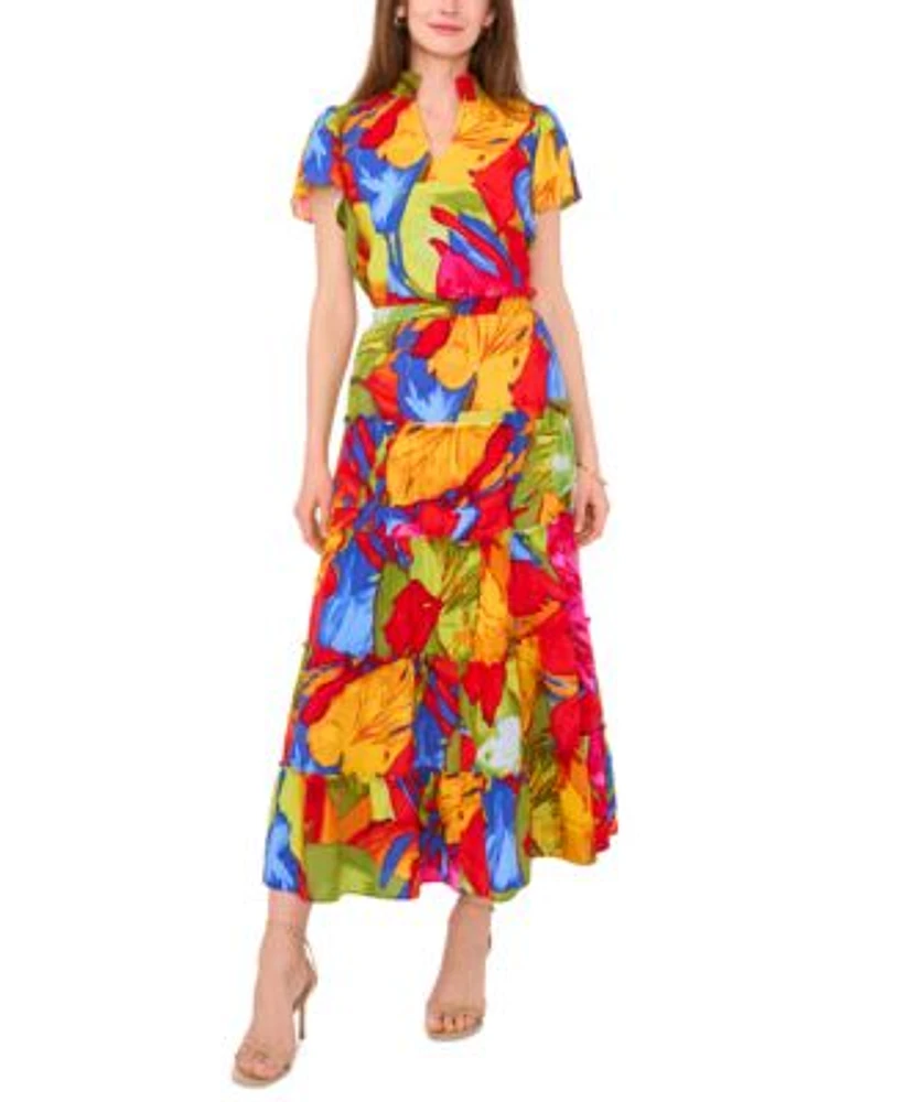 Sam Jess Womens Floral Print Split Neck Smocked Hem Top Tiered Pull On Maxi Skirt