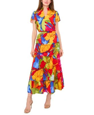 Sam Jess Womens Floral Print Split Neck Smocked Hem Top Tiered Pull On Maxi Skirt