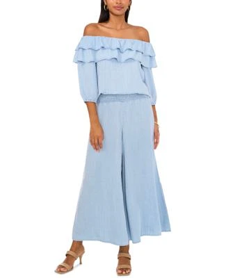 Sam Jess Petite Off The Shoulder Double Ruffle Blouse Smocked Waist Wide Leg Pants