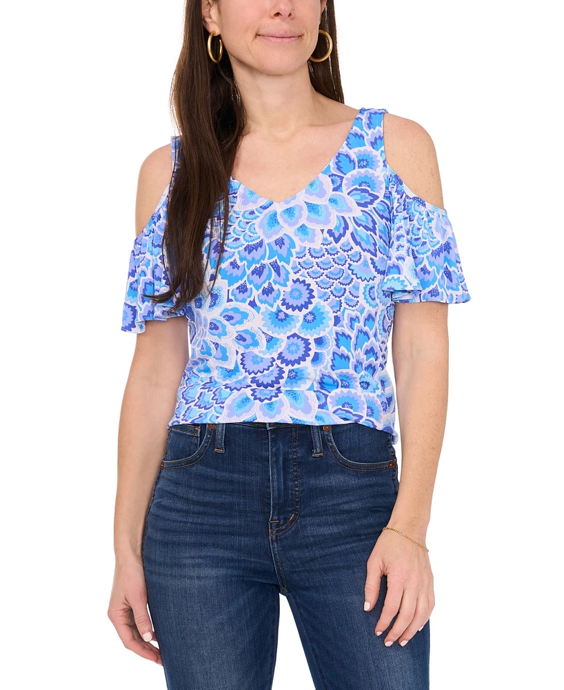 Sam & Jess Petite Printed Cold-Shoulder Flutter-Sleeve Top