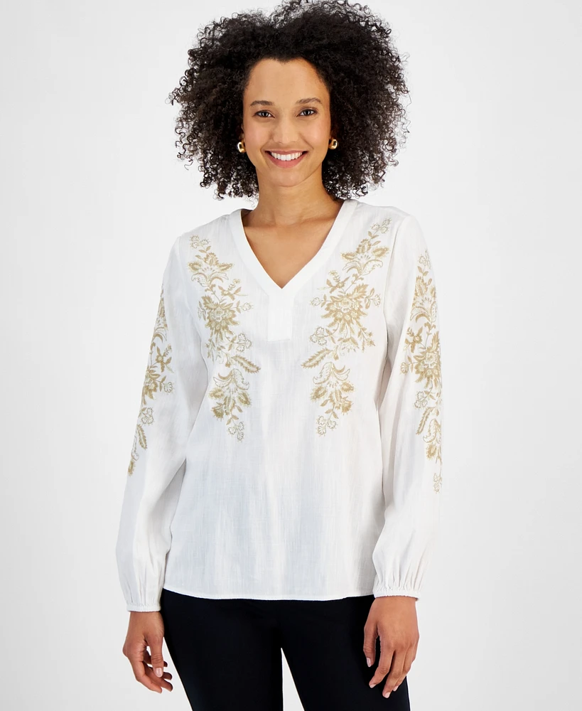 Jm Collection Petite Gold-Embroidery Long-Sleeve Top, Created for Macy's