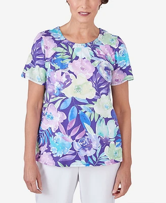 Alfred Dunner Women's Pleated Neck Floral Short Sleeve Tee