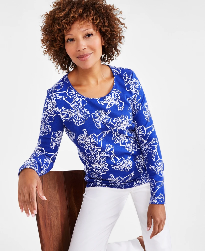 Style & Co Petite Iris Dreams Scoop-Neck Long-Sleeve Top, Created for Macy's