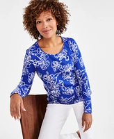 Style & Co Petite Iris Dreams Scoop-Neck Long-Sleeve Top, Created for Macy's