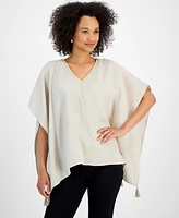 Jm Collection Petite Embellished-Neck Tassel-Trim Poncho Top, Created for Macy's