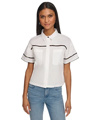 Karl Lagerfeld Paris Women's Collared Cotton Logo Lace Shirt