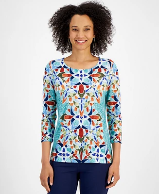 Jm Collection Women's Printed 3/4 Sleeve Jacquard Top, Created for Macy's