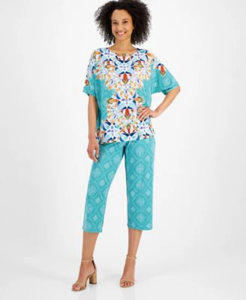 Jm Collection Womens Short Sleeve Printed Dolman Sleeve Top Culotte Pants Created For Macys