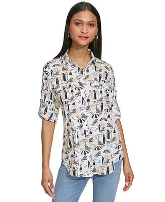 Karl Lagerfeld Paris Women's Whimsical-Print Roll-Tab Button-Front Top
