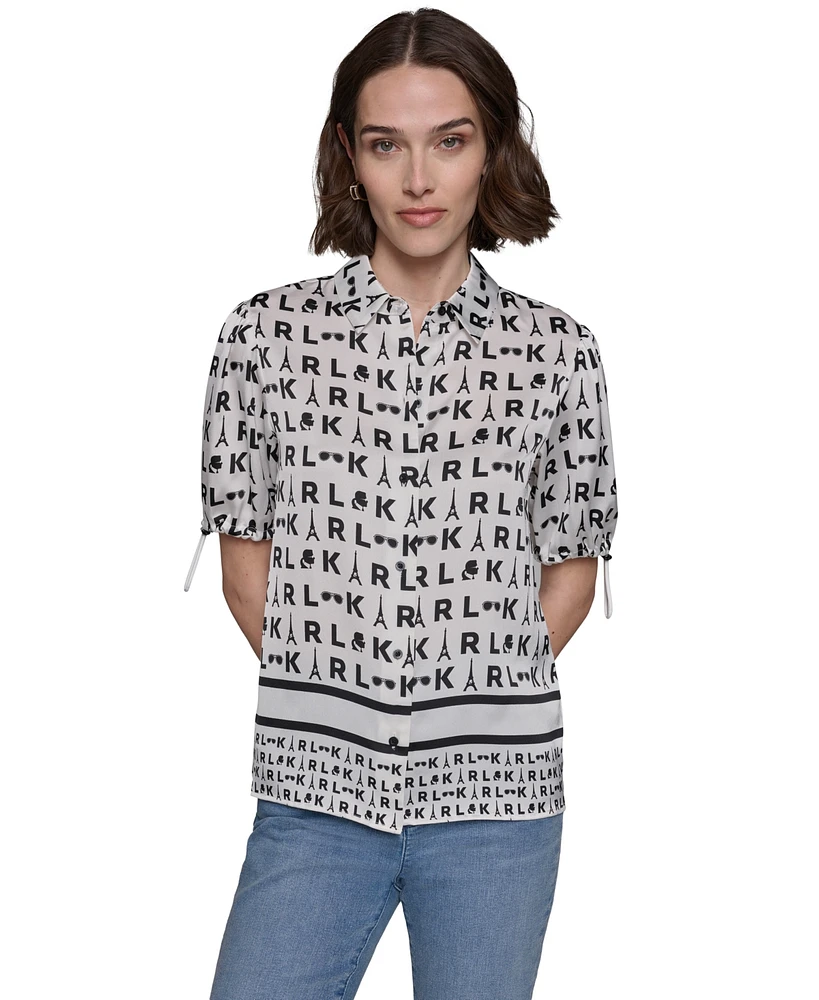 Karl Lagerfeld Paris Women's Printed Bungee-Sleeve Button-Down Top